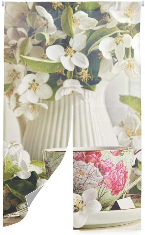 Amazon のれん 突っ張り棒付き カップティージャスミンの花水差しりんご緑 ふんわりやわらか おしゃれ のれん オンライン通販