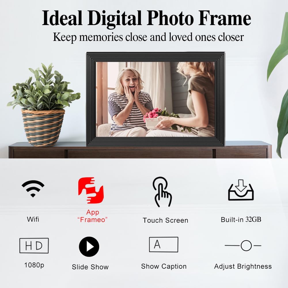 Digital Picture Frames Load from Phone, Frameo 10.1 inch Smart WiFi Digital Photo Frames You Can Send Pictures Videos via App, Touch Screen HD Display, for Parents & Grandparents(32GB)