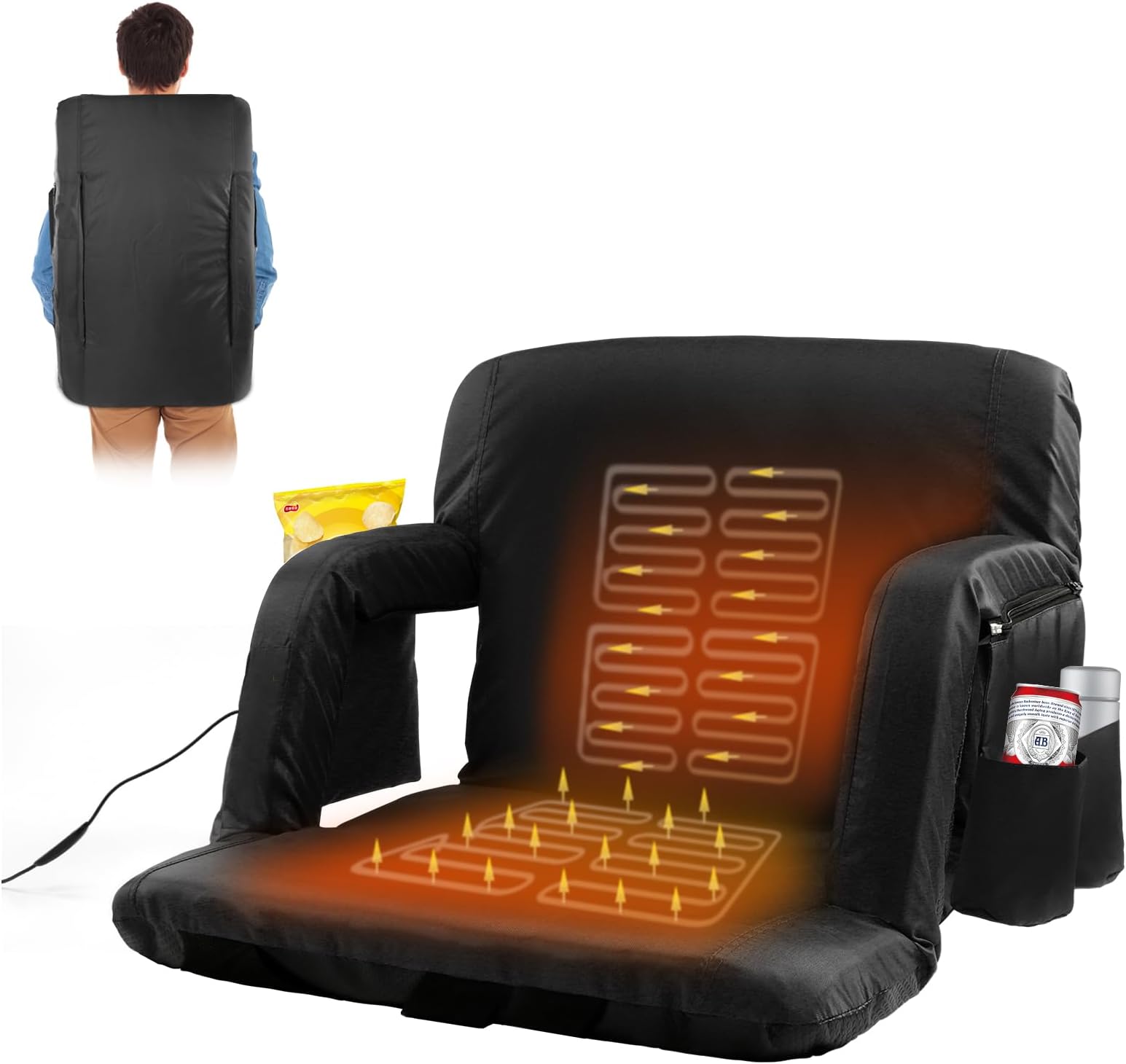 NAIZEA Heated Stadium Seat for Bleachers with Back Support 25" Wide Cushion, 1 Pack Folding Stadium Seat Bleacher Chair with 6 Reclining Positions & Arm Support, Foldable Stadium Chair Camping Chair