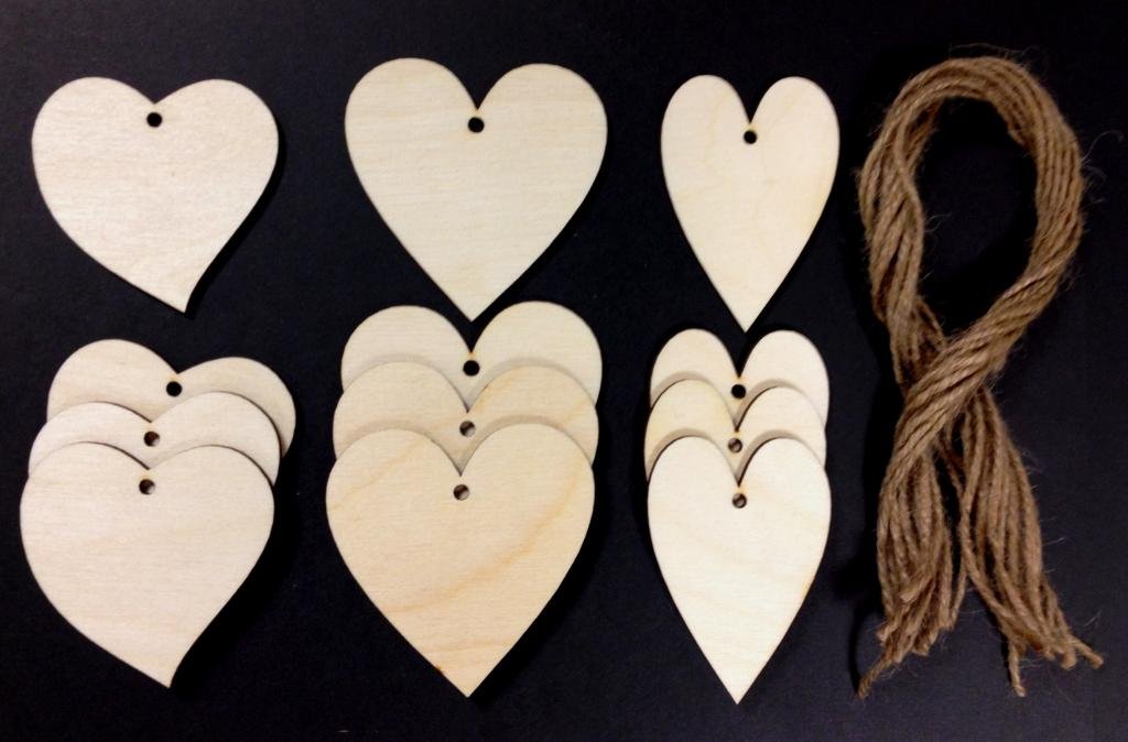 Derwent Laser Crafts Heart Shaped Wooden 70mm Gift Tags/Price Tags Pack of 10 shapes 3 Designs to choose from