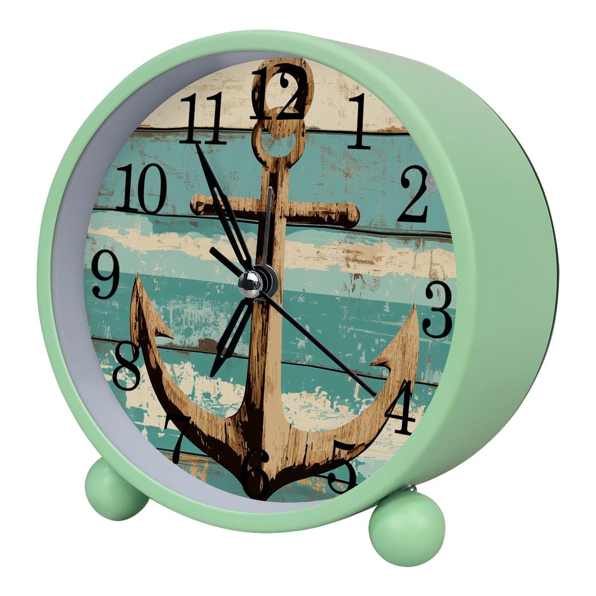 Luoweisi Alarm Clock Anchor Rustic Plank, Silent Non-Ticking with Night Light, Round Metal Alarm Clock for Office, Battery Operated, Bedroom, Elderly, Adults, Children, Student Gifts