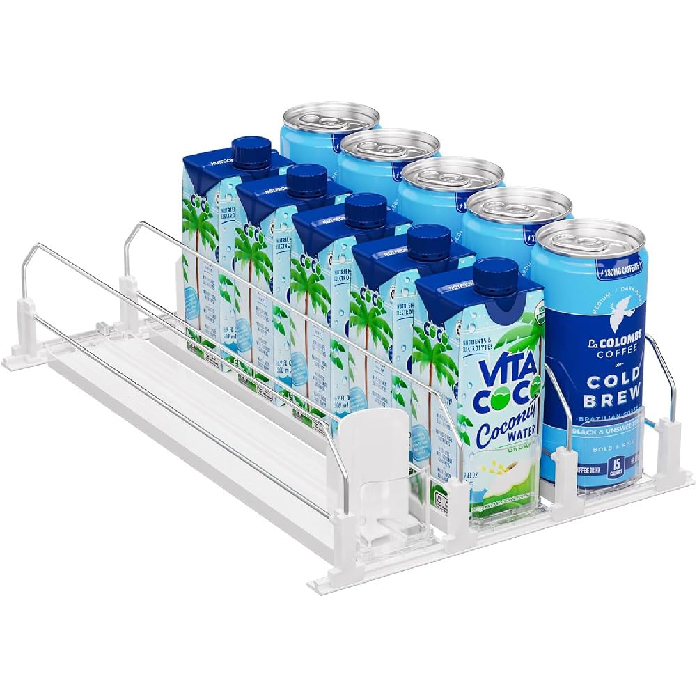 OnDisplay Drink Can Organizer for Fridge - White Automatic Pusher Glide, 12oz 16oz 20oz Soda Dispenser for Refrigerator - Holds up to 15 Cans