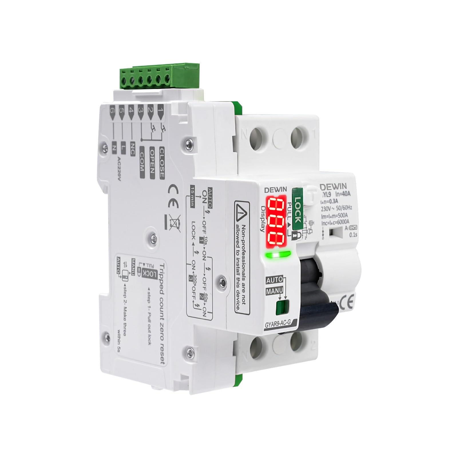 DEWIN Salvavita con Riarmo Automatico 40A,Differenziale Riarmo Automatico 300mA Interruttore Differenziale a Riarmo Automatico Display a LED (300mA TypeA)