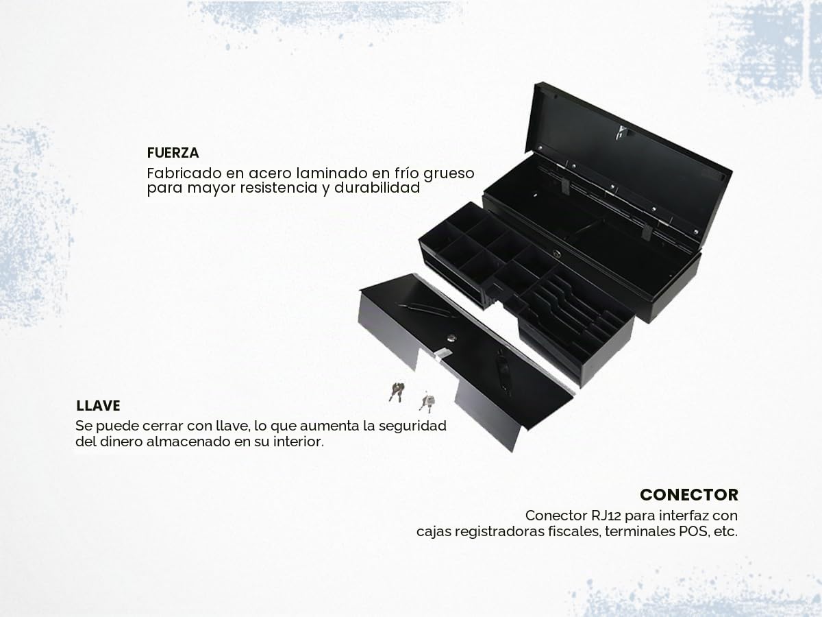 HDWR HD-KFT46 Cajón de caja con casete extraíble, cierre 2 posiciones | 6 compartimentos de billetes, RJ12 para impresora de tickets, acero laminado en frío