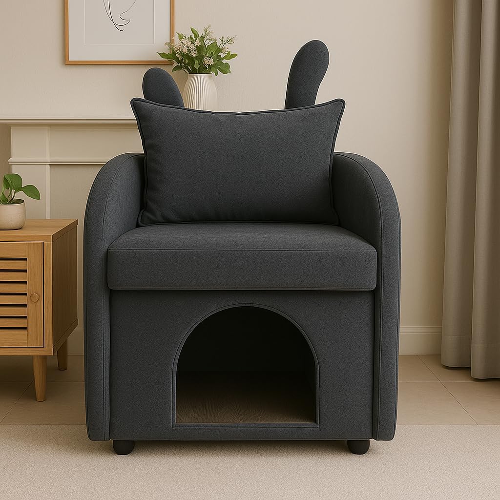 Bunny-Ear Pet-Friendly Velvet Armchair with Hidden Pet Hideaway, Scratch-Resistant Fabric, Side Pocket & Solid Wood Legs, 2-in-1 Dual-Use Sofa Chair for Cats, Small Dogs & Adults, Pink/Beige/Dark Grey