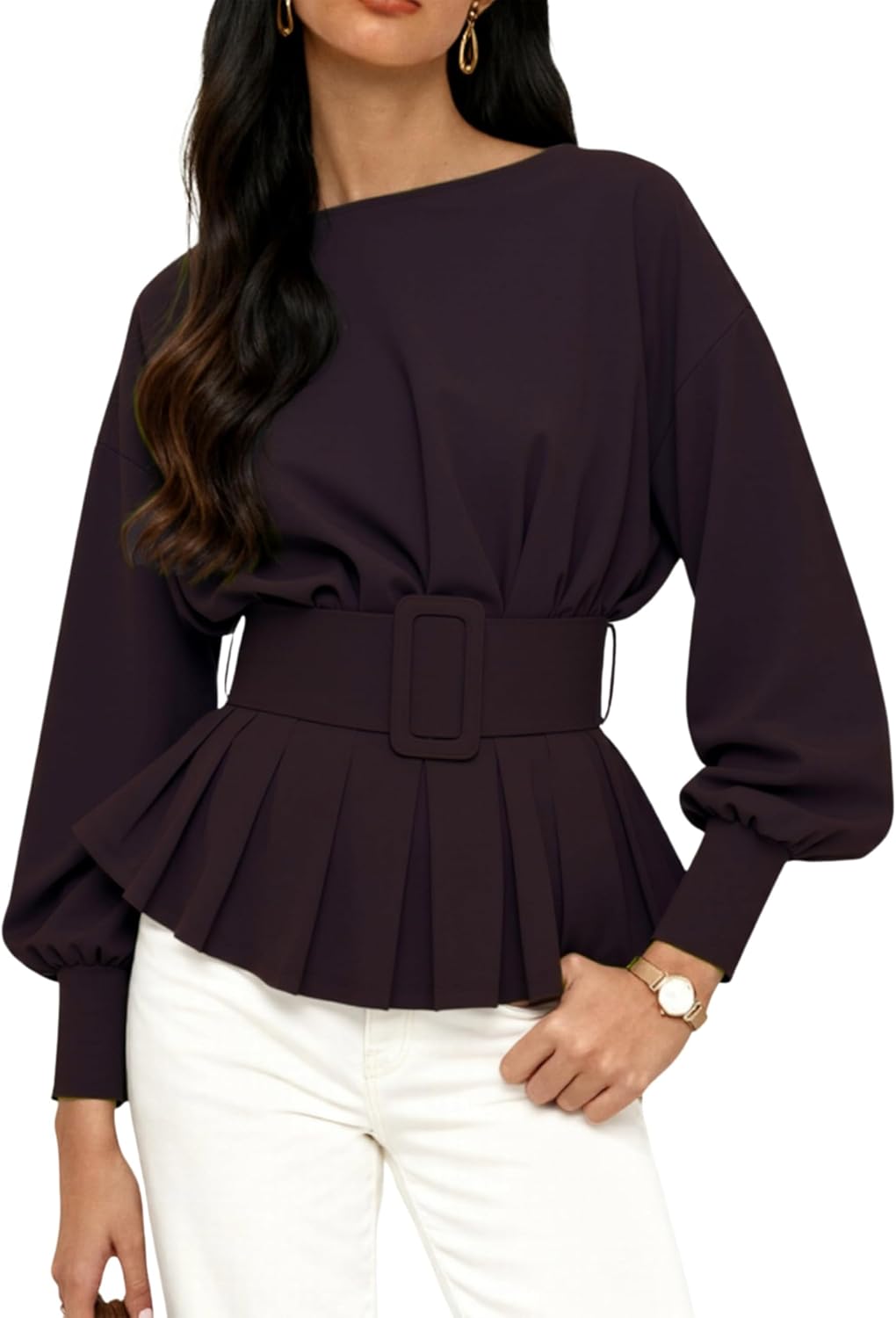 Women Peplum Blouse Long Sleeve Boat Neck Pleated Slim Fit Top with Belt Daily Elegant Office Nice Events Outing