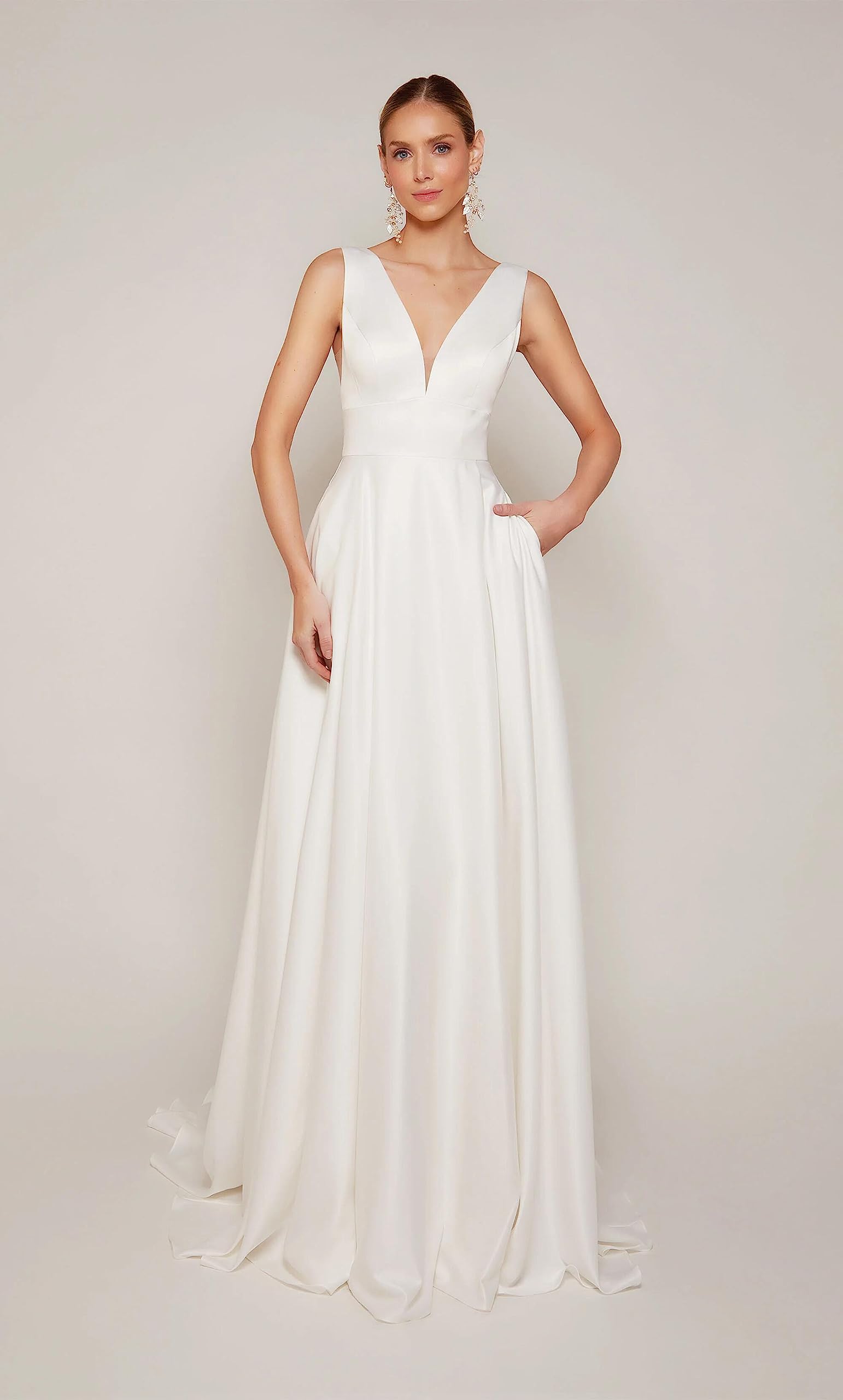 Abito da Sposa Abiti da Sposa Manica Lunga Scollatura a V Ufficio Civile Moda Sposa Abiti da Sposa, Bianco 17, 34