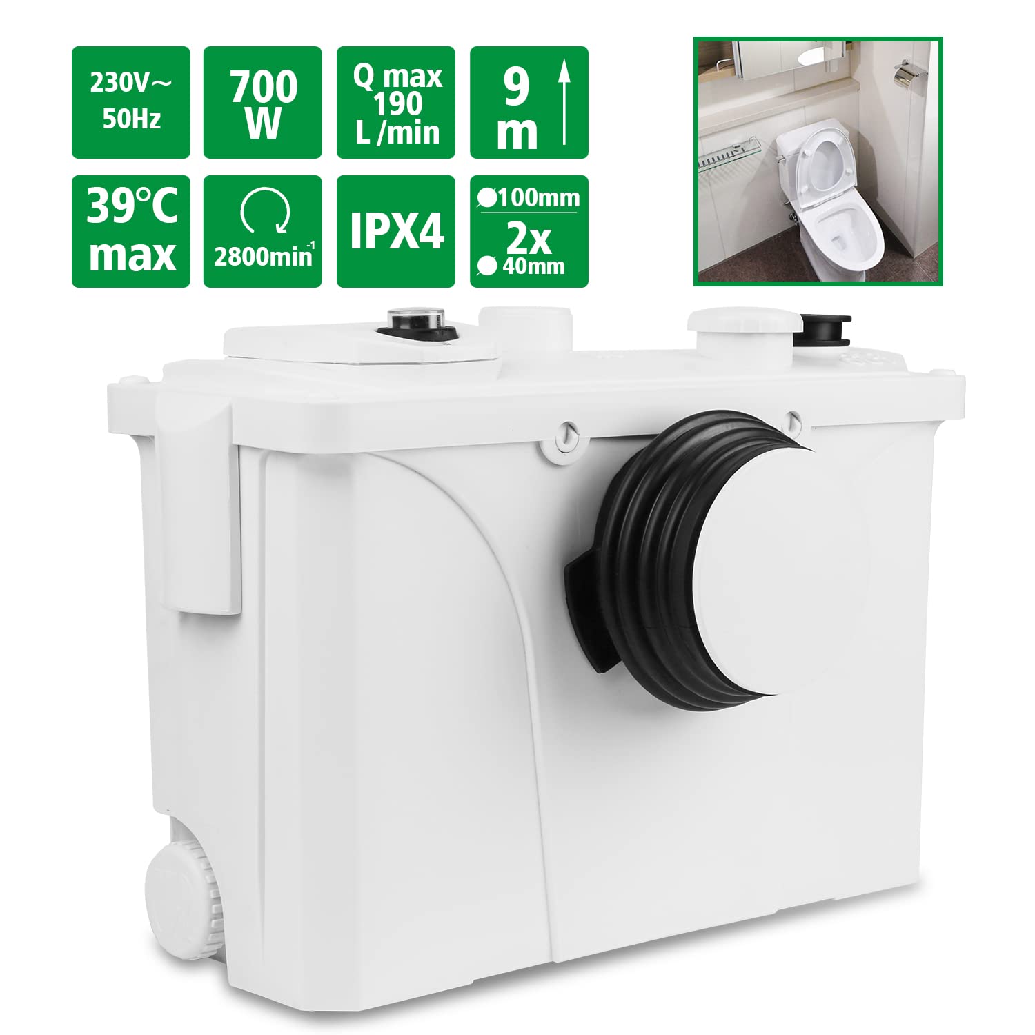 700W Hebeanlage Schmutzwasserpumpe 190L/min Fäkalienhebeanlage 4 Einlässen Kleinhebeanlage Leise Schmutzwasser Abwasser Fäkalien Pumpe Waschmaschine für WC Waschmaschine Spülmaschinen