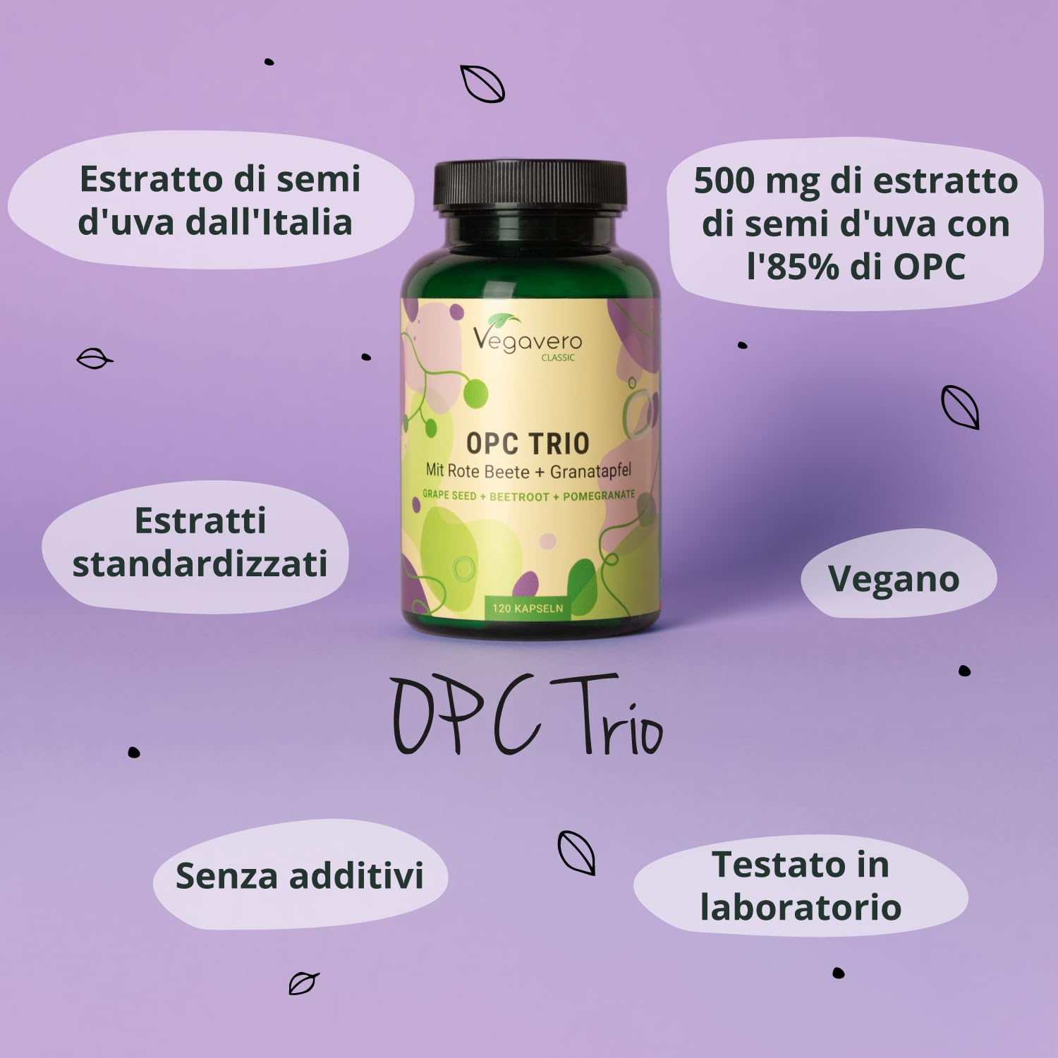 Integratore OPC | 12.000 mg di Estratto di Semi d’uva | Antiossidante Naturale per Circolazione | Proantocianidina Oligomerica > 85% | Puro da uva italiana | Vegan | No Additivi | Vegavero®