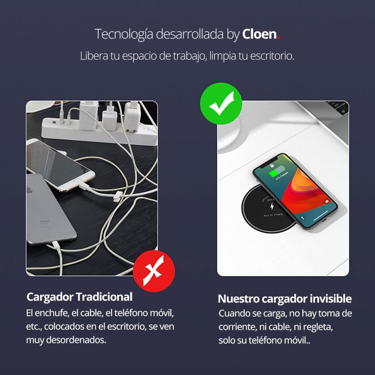 Cargador inalámbrico Rápido Invisible, tecnología Qi, Compatible con iPhone, Samsung Galaxy, Pixel, Xiaomi, Huawei, OPPO, Sony, LG, Nokia, TCL, Integrado bajo Mesa, hasta 33 mm de Distancia, Cloen