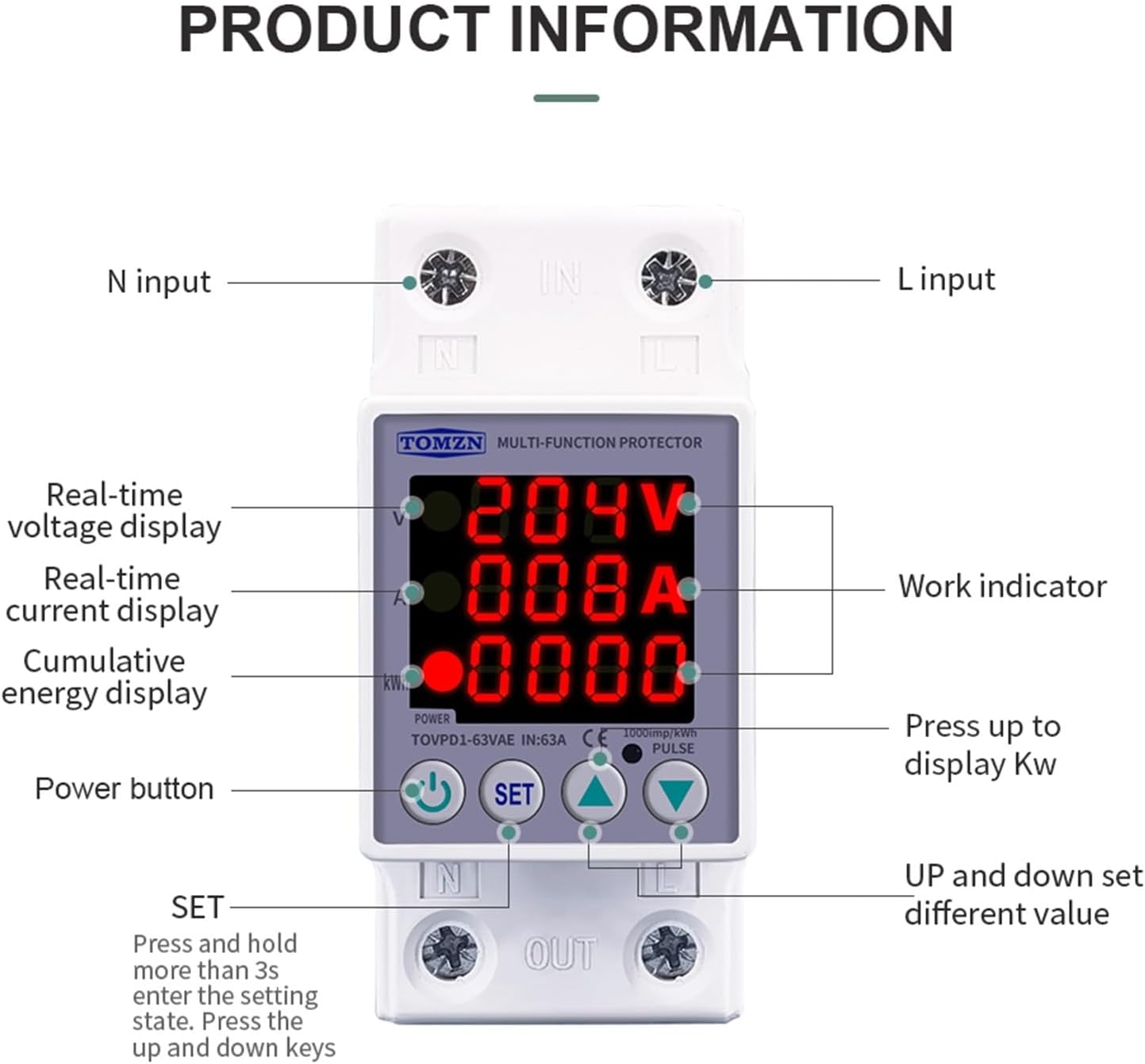 Din Rail Dual Display Adjustable Over Voltage Current and Under Protective Device Protector Relay 40A 63A 80A 220V 230V(80a,V A Kwh Type)
