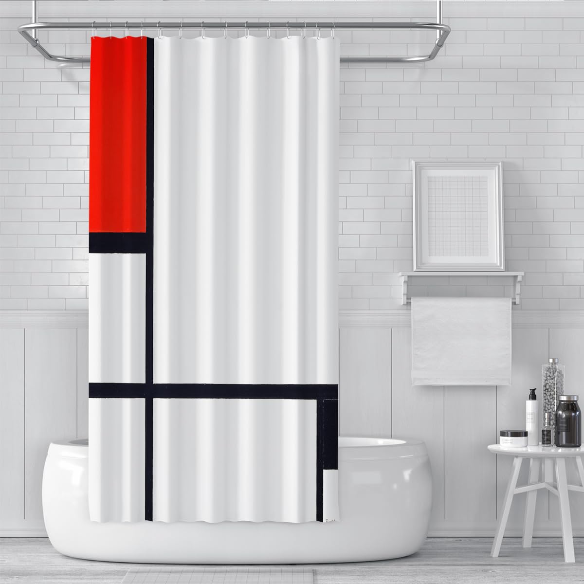 Rideaux de Salle de Bain d’Art Contemporain imperméables avec Crochets, Rideau de Douche à Design Abstrait en Blocs Rouges, décoration Lavable de Toilettes de Style Nordique 180 x 180 cm