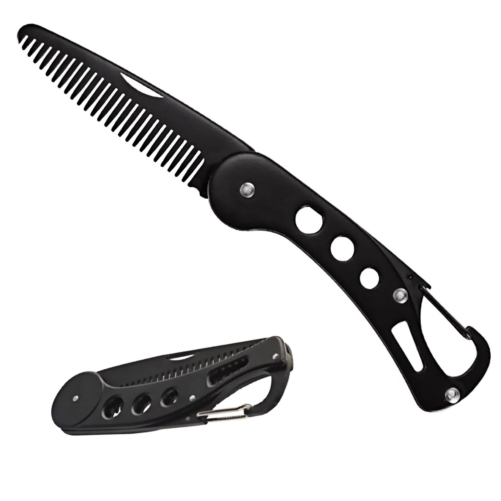 Stainless Steel Folding Beard Comb, Portable Mustache Comb, Beard Grooming Kit - Black