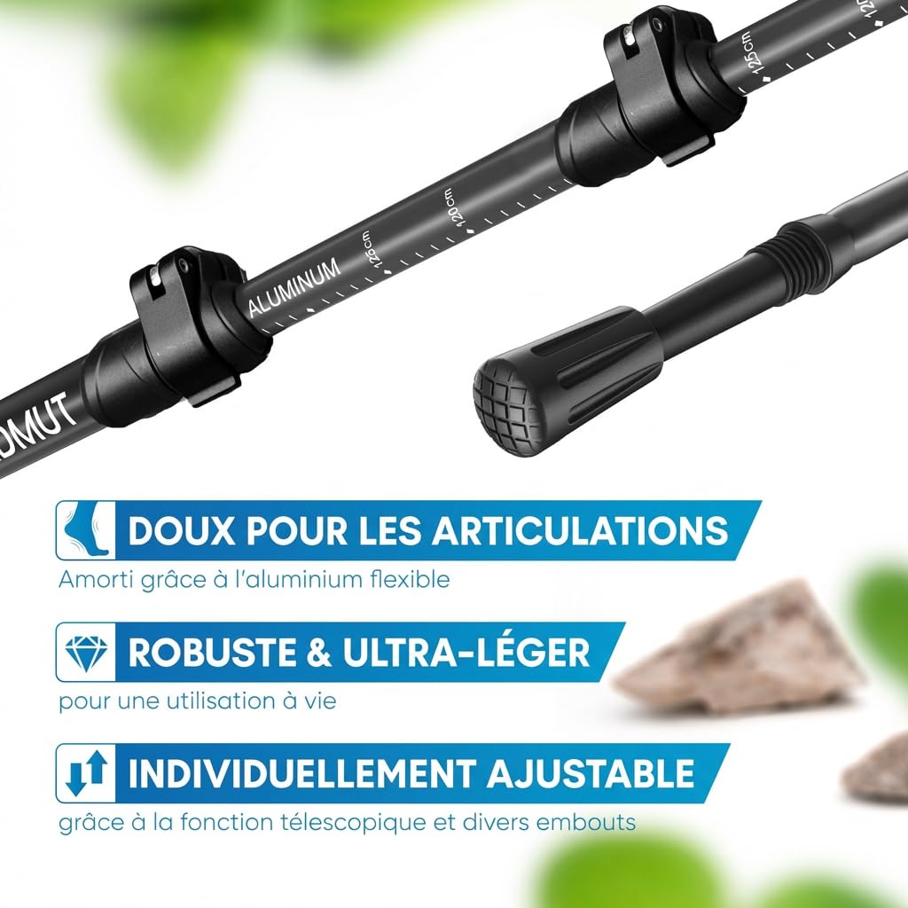 NORDMUT® Bâtons de randonnée télescopiques de qualité supérieure [aluminium et carbone] Bâtons de marche nordique réglables pour homme et femme | Bâtons de trekking ultra légers [avec jeu de tampons en caoutchouc] extensibles avec poignée en liège véritab