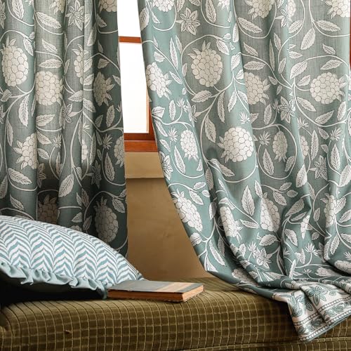 Image of ISAENNE Designer Vintage Linen Printed Curtains,2 Panels,87 inchx65 inch-Andrew | Vintage Elegant Green Curtain with Grommet 87 inch long,Floral Pattern Draps,kitchen Bedroom Living Room Window Blackout