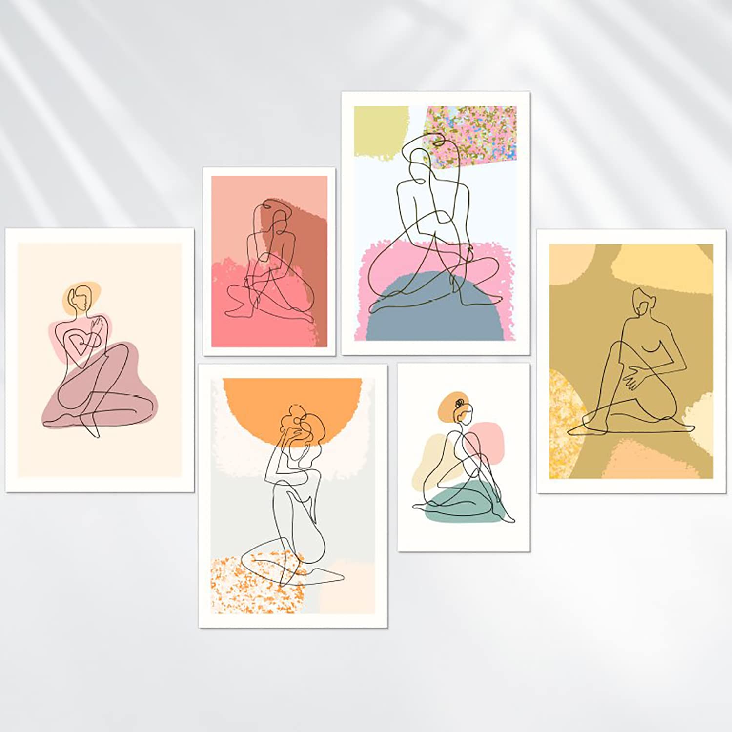 AREDE Set de 6 Cuadros Decoración Pared Modernos Mujer colorido minimalismo | 4 x A4 (21 x 30cm) + 2 x A5 (15 x 21cm) | Listo para Colgar Láminas Decorativas Salón y Dormitorios | Sin marcos