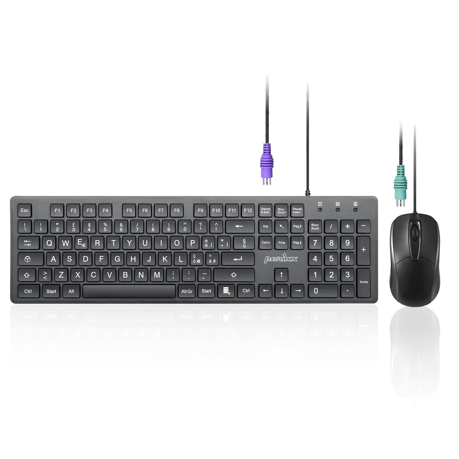 Perixx PERIDUO-117P PS/2 Keyboard and Mouse Set, Italian QWERTY Layout, 3 Keys Optical Mouse, 1.8 m Cable, Black