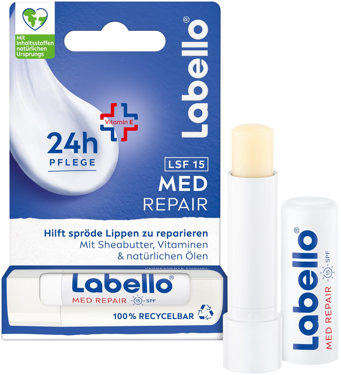 Labello Med Repair Lippenpflegestift, mineralölfreie Lippenpflege mit LSF 15 und Vitamin E für spröde Lippen, Lippenbalsam mit Sheabutter und natürlichen Ölen (4,8 g)