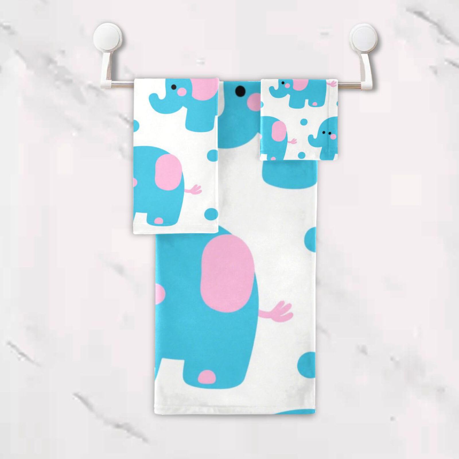 Set di 3 asciugamani morbidi per il viso con elefanti blu in stile cartone animato, 1 asciugamano da bagno, 1 asciugamano per le mani, 1 panno per la casa, cucina e famiglia