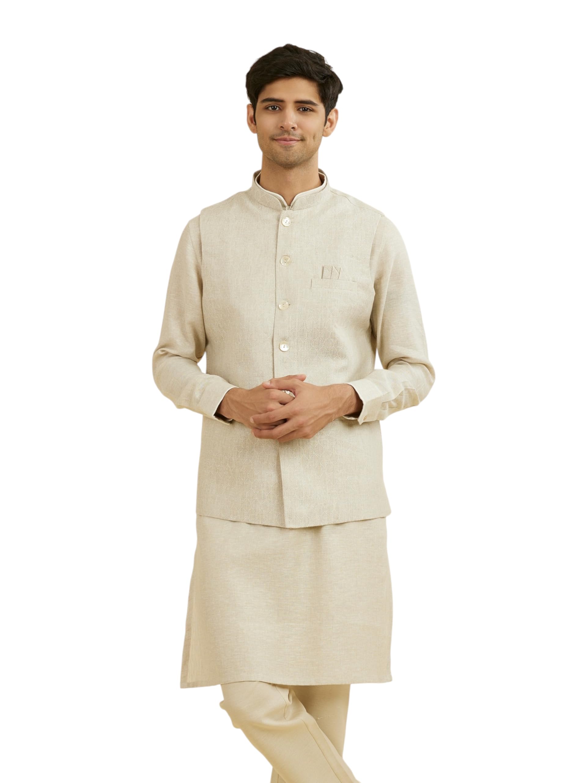 manyavar Men's Blended Linen Self-Design Sleeveless Waistcoat (1pc)-picture-32