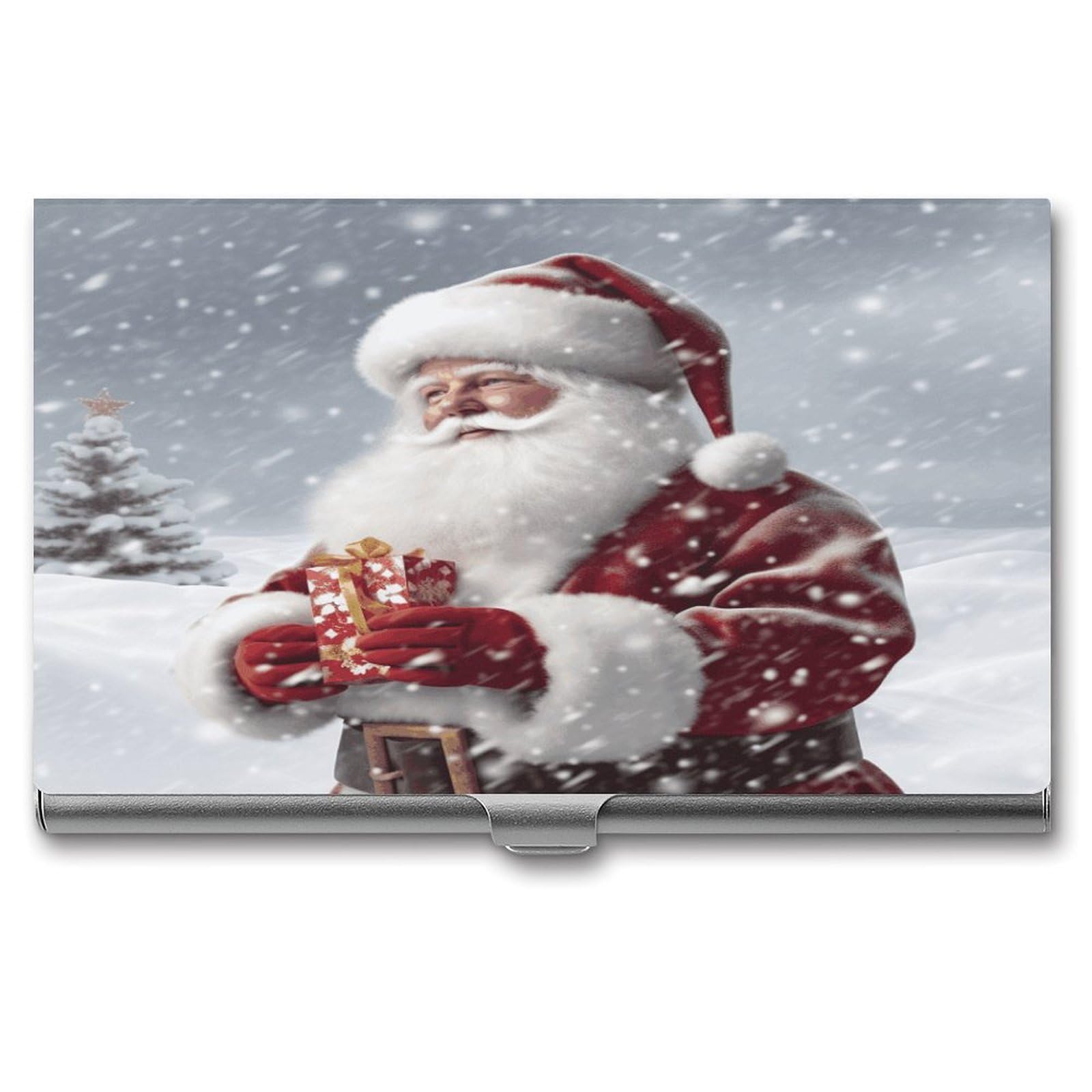 JTREHY Santa Claus Snow Secenry Business Card Holder Slim Purse Name Card Holder Portable Metal Business Card Case Wallet Large Capacity Lightweight Business Card Case for Men Women