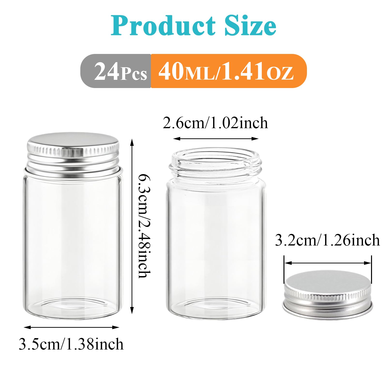 24 Pièces 40ml Mini Bouteille en Verre, Transparent Tubes à Essai en Verre avec Bouchons à Visser, Petite flacons pour Épices, Liquides, Bonbons, cadeaux de mariage, Fête, DIY, Décoration