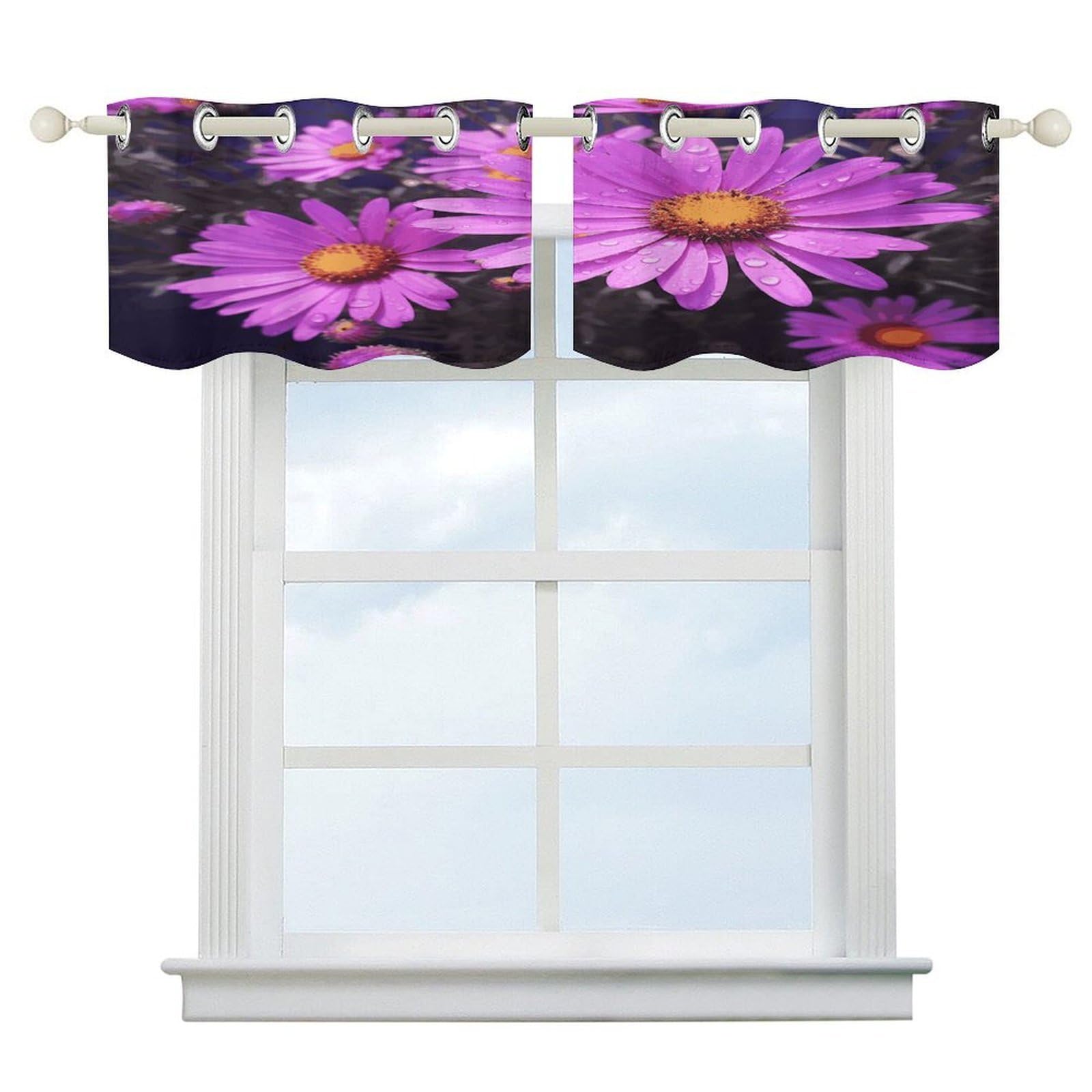 Cortina corta opaca que bloquea el sol de verano con diseño de flores moradas