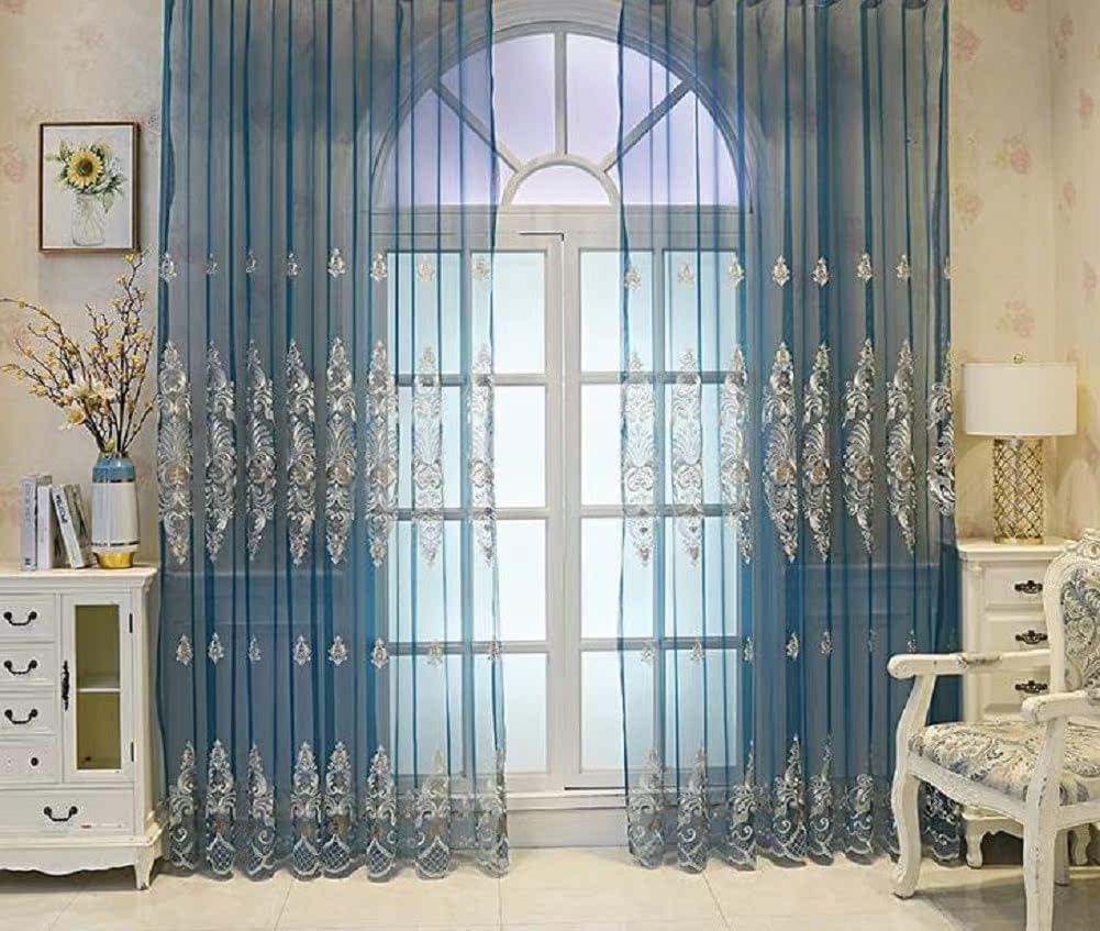 European Style Embroidered Balcony Partition Sheer Curtains Voile Gauze Home Decor for Living Room Bedroom(2 Panels, W 54 x L 102 inch, Blue)