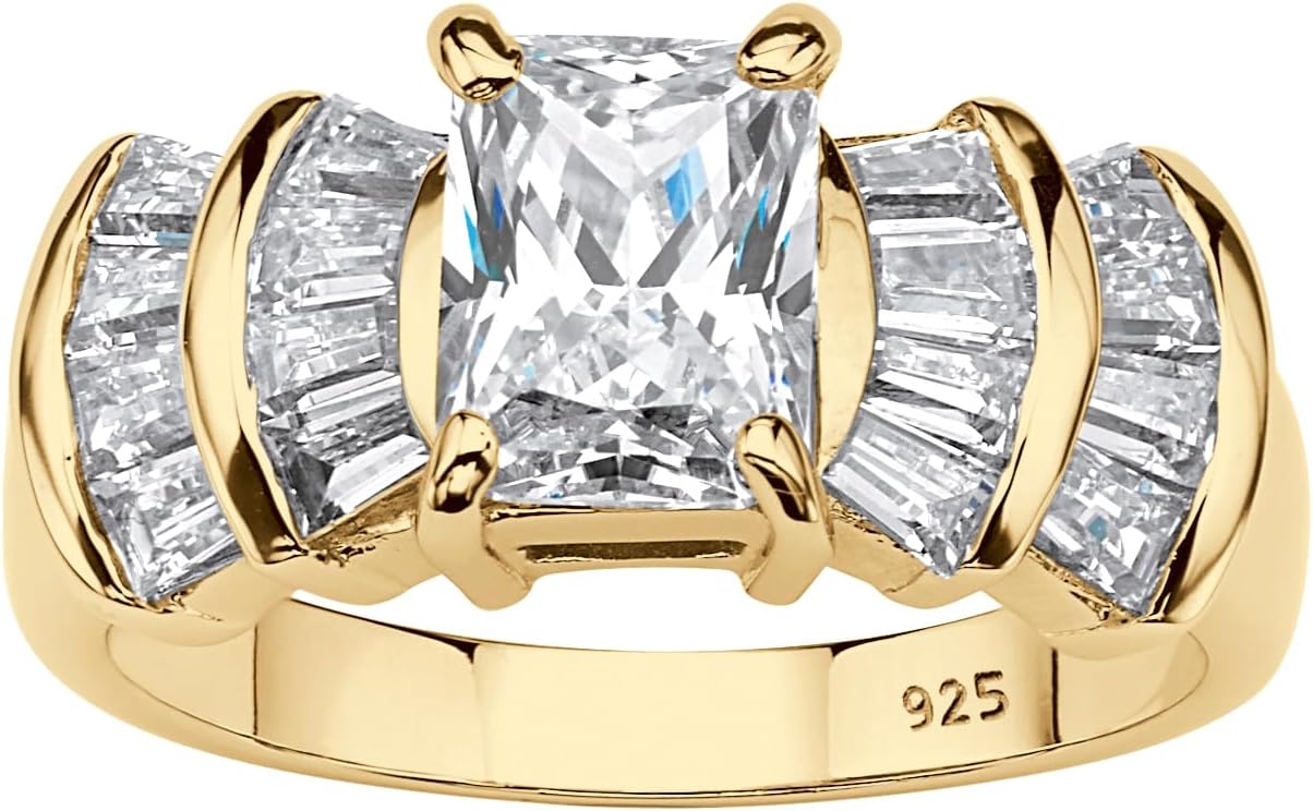 Palm Beach Jewelry PalmBeach Yellow Gold-Plated or Platinum-Plated Sterling Silver Emerald Cut & Baguette Cubic Zirconia Step Cut Engagement Ring Size 10
