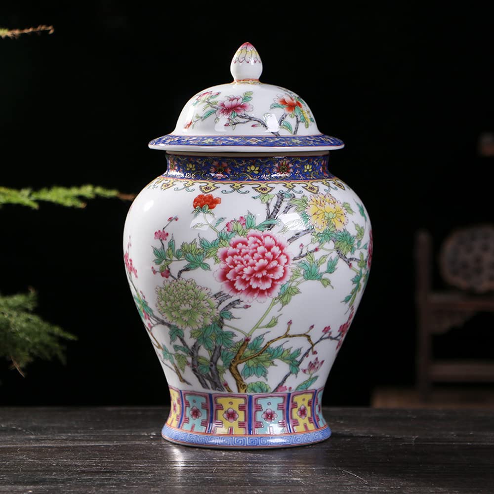 asdchZen Ceramic Ginger Jar With Lid For Home Decor,Traditional Chinese Flowers And Birdstemple Jar, Jingdezhen Handcrafted Porcelain Vase Centerpiece Decor Chinese Retro Porcelain Cer,B