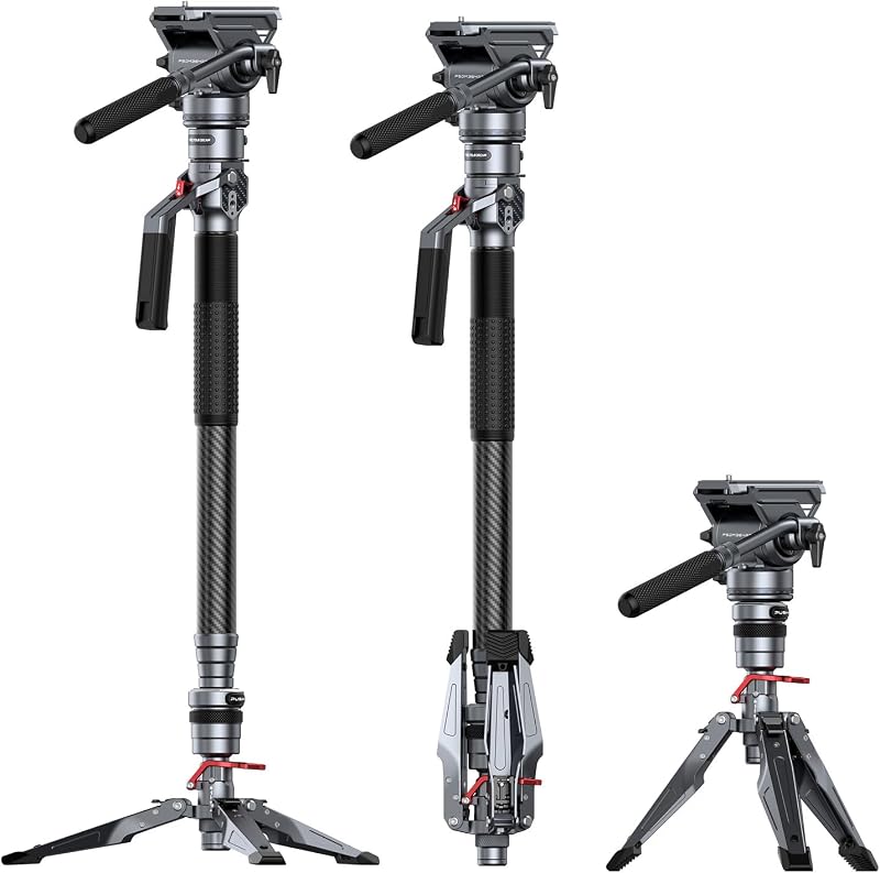 175cm / 68.9" Carbon Fiber Video Monopod for Camera, Compact Camera Monopod with One-Button Lift & Lock, Max. 5kg Playload Fluid Head Fits for DJI RS and for MFT 501L