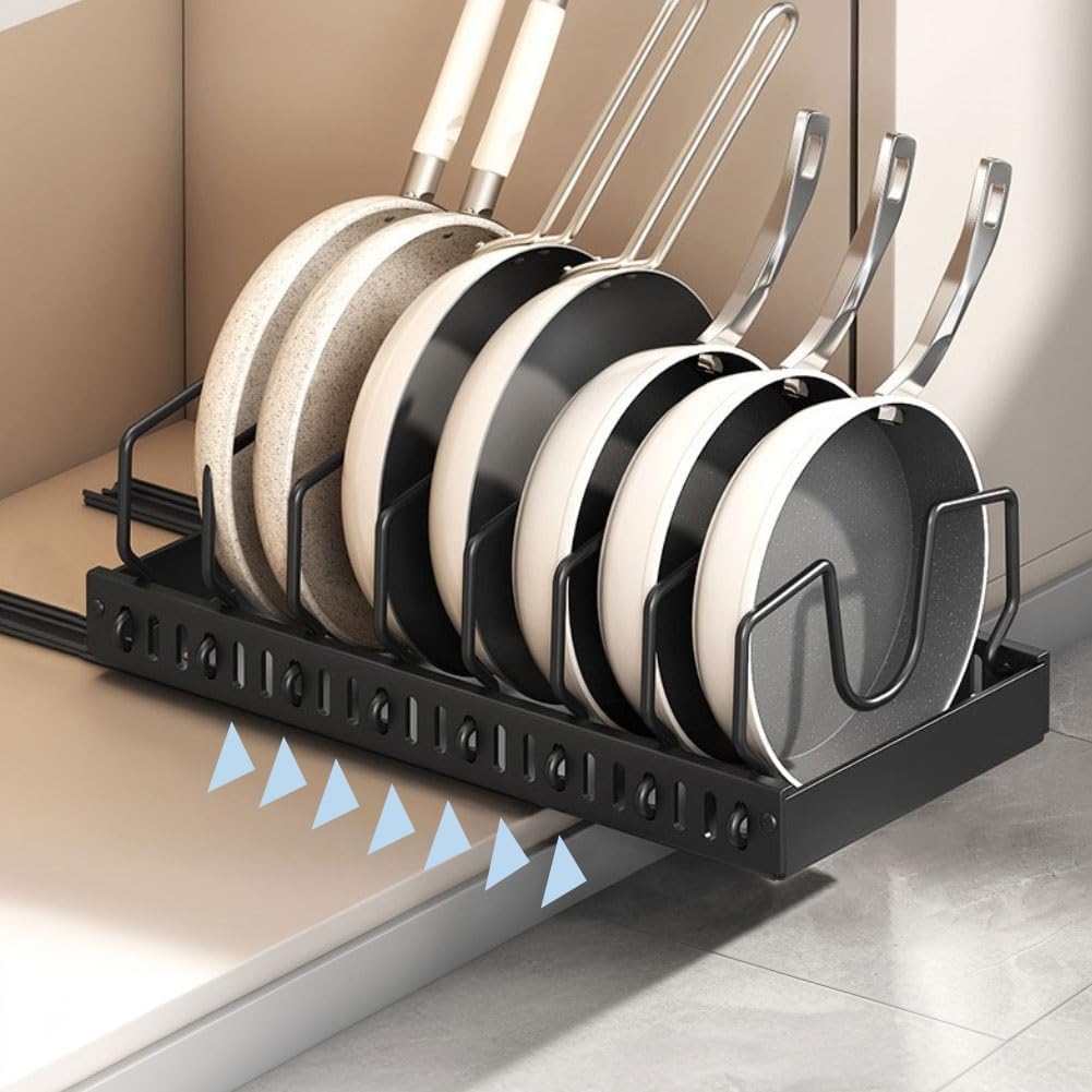 Pull Out Pot Rack Organizer, Slide Out Pots and Pans Organizer Under Cabinet, Pot Lid Organizer Holder with 8 Adjustable Compartment for Pot Lid, Cookware, Bakeware, Black