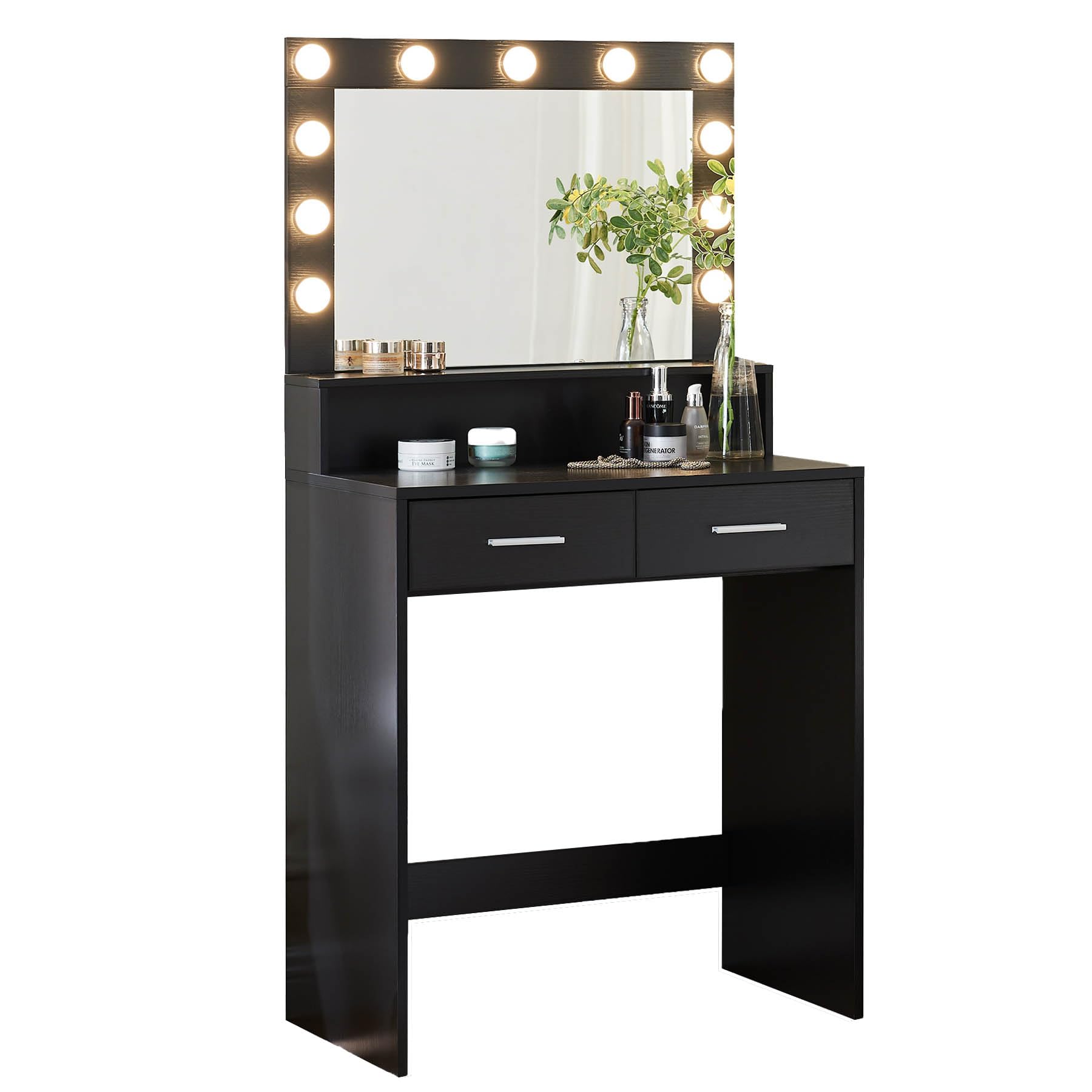 Small Vanity Desk with Mirror and Lights, Makeup Desk with Drawer and Shelves, Compact Makeup Vanity for Small Space, 3 Lighting Modes Adjustable Brightness for Bedroom, Dressing Room, (Black)