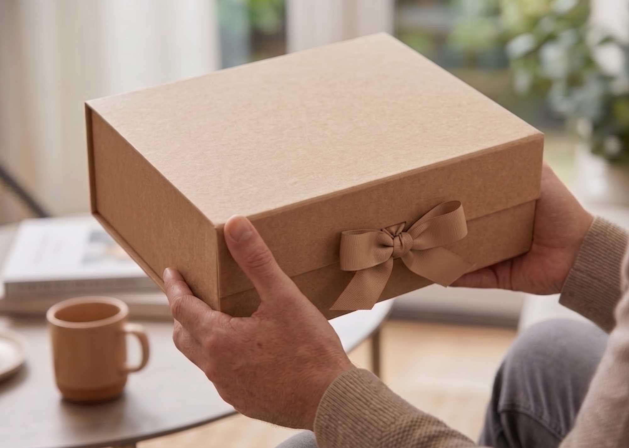 Emartbuy Lot de 5 boîtes cadeaux magnétiques en papier kraft avec ruban – 28,2 x 20,2 x 9,2 cm – Convient aux tasses, ensembles de beauté et petits paniers – Anniversaires, mariages, Noël, cadeaux