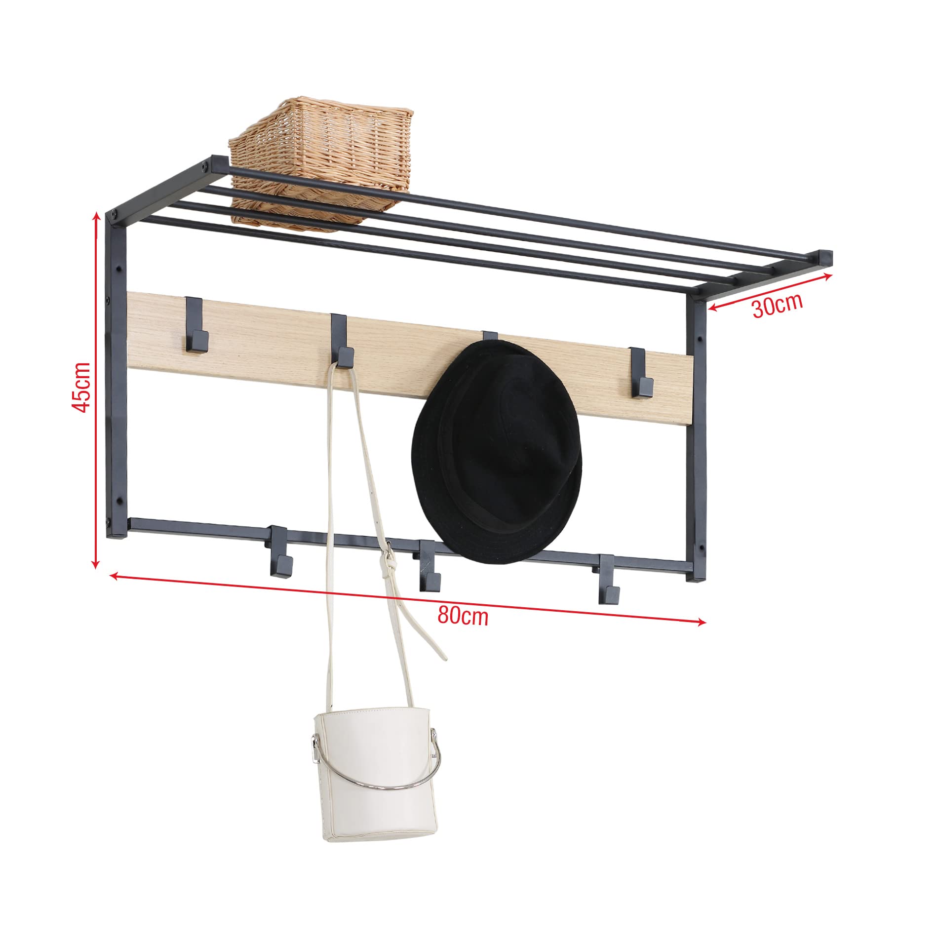 Rebecca Mobili Attaccapanni Da Parete Con Ripiano, Appendiabiti Mensola Da Appendere, Metallo Truciolato, Nero Beige, Ingresso Bagno - Misure: 45 x 80 x 30 cm (HxLxP) - Art. RE6748