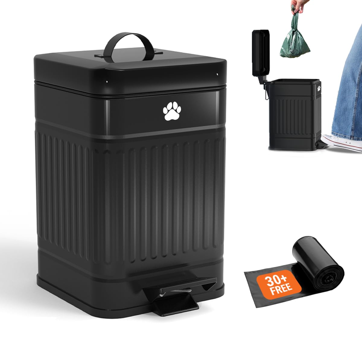 Small Dog Poop Trash Can Outside, 1.3 Gal Metal Dog Waste Trash Can, Small Poop Bucket Outdoor with Lid, Poo Container Bin Waterproof Backyard Odor Control, 30 Bags (Black)