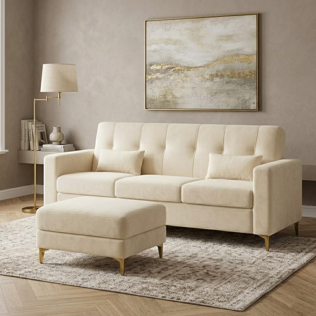 Homio 4 Seater L Shape Sofa Set with Movable Ottomans | Flexible Layout | Rich Velvet Suede Fabric | Silver Legs | Modern Sofa for Living Room (Cream)-image-34