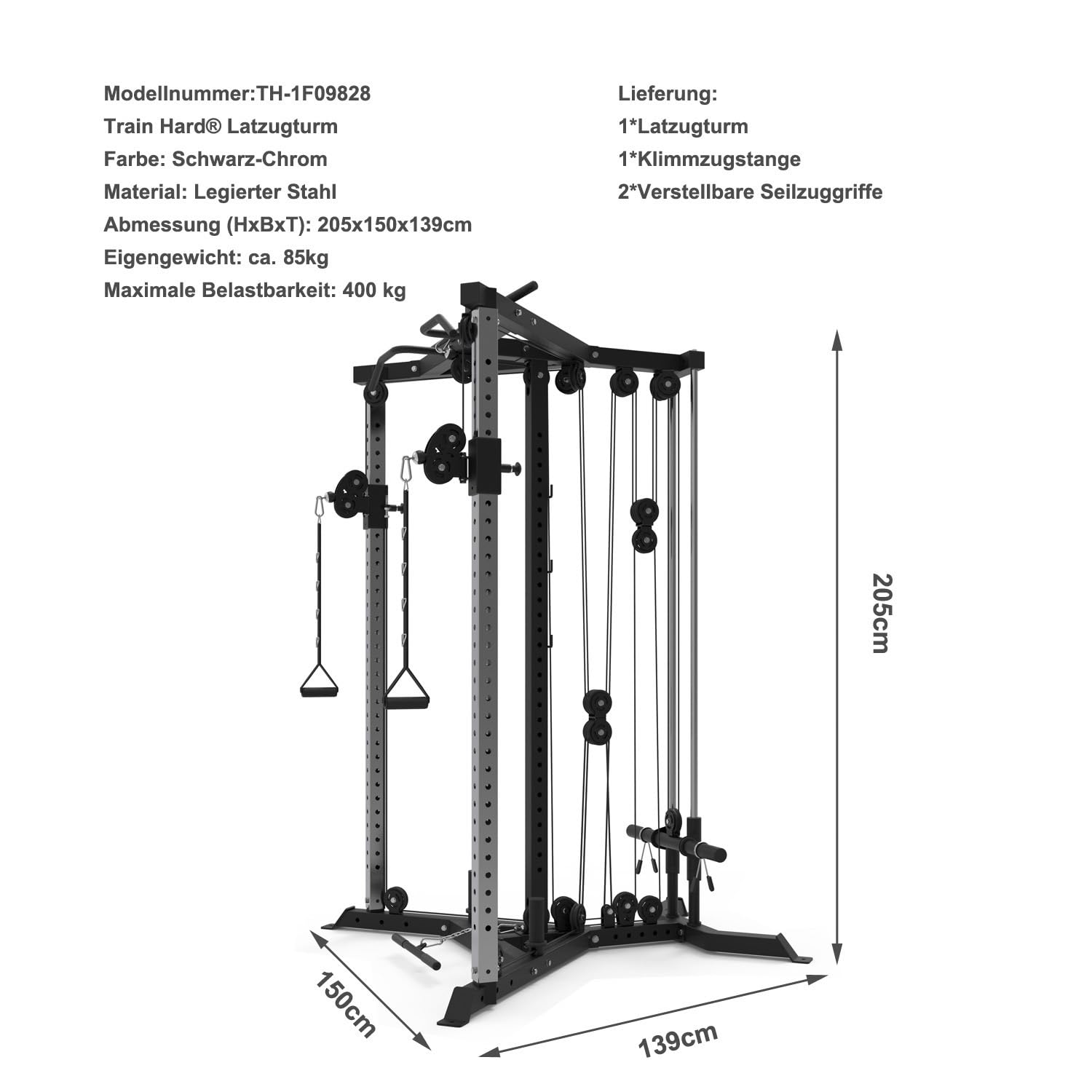 Train Hard® Erweiterbare Station Kabelzug Trainer Latzugstation Kraftstation Cross Over mit Klimmzugstange, Bizeps- / Trizeps-Stange zur Brandneues Modell 2024