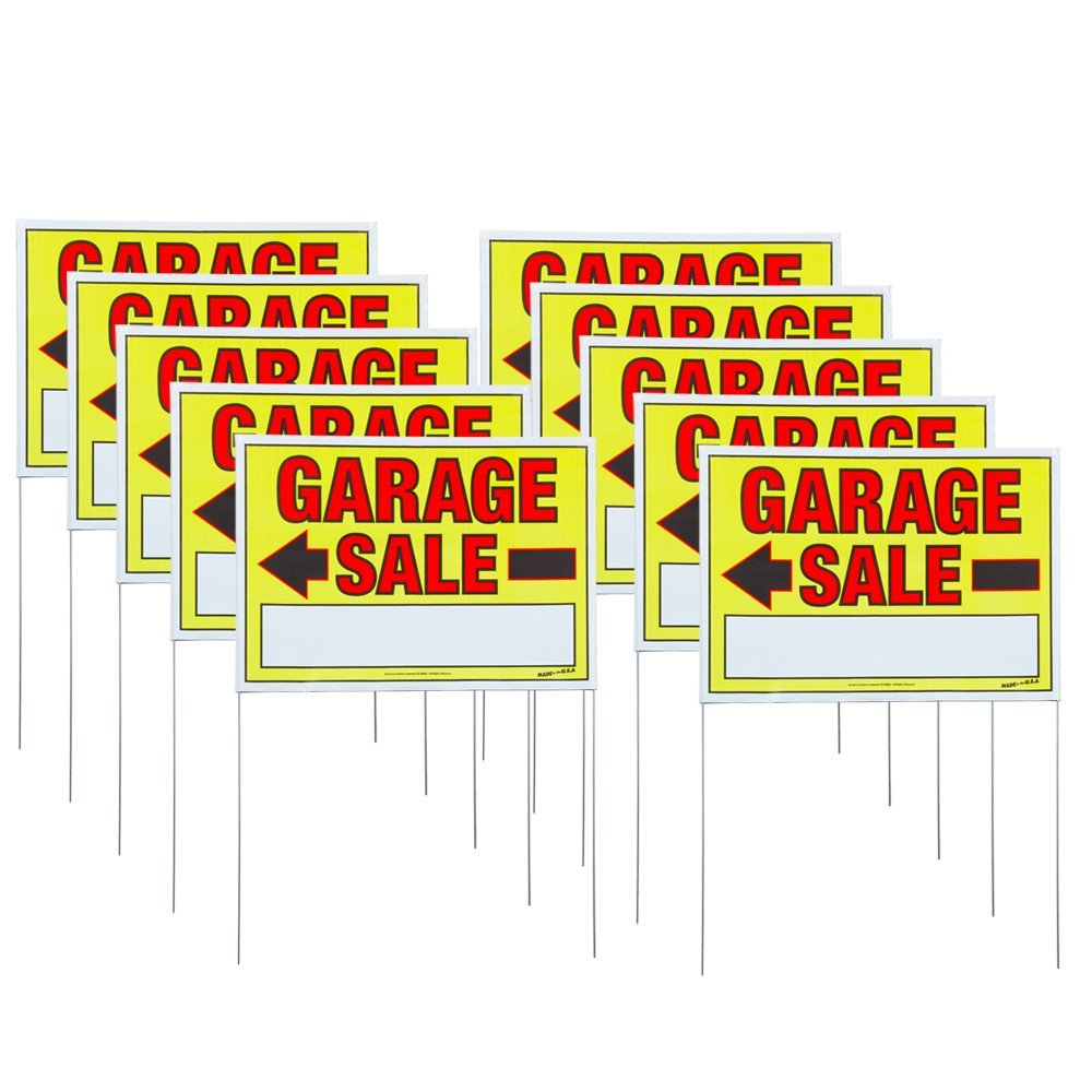 Sunburst Systems 3925 Large Garage Sale Sign Assembled with metal U-Stake, Double Sided with arrows, 22" x 32", 10 Pack