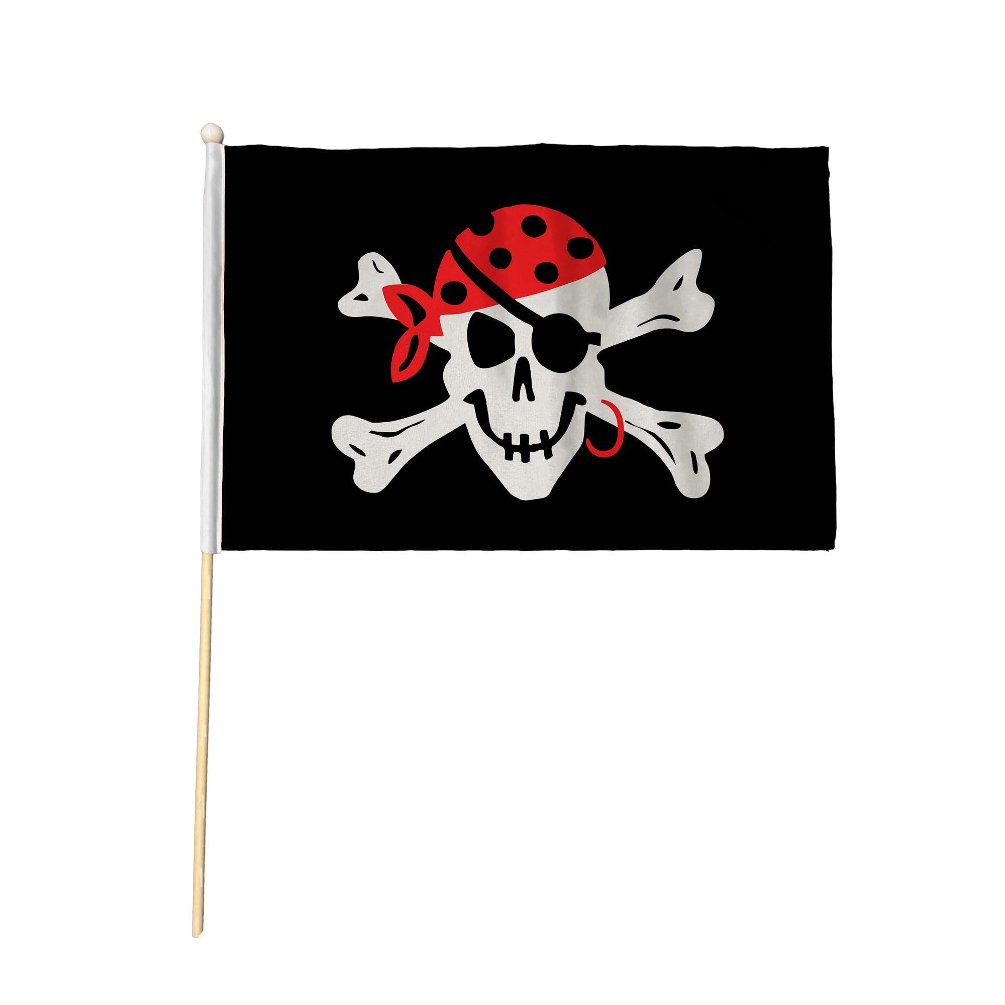 Flagtex One Eyed Jack Pack of 12 Hand Waving Flag (9x6 Inch) - Premium Wooden Stick Pirate Flag 9x6 Inch Natural Wood Pole Black Skull Eye Patch Jolly Roger Party Events