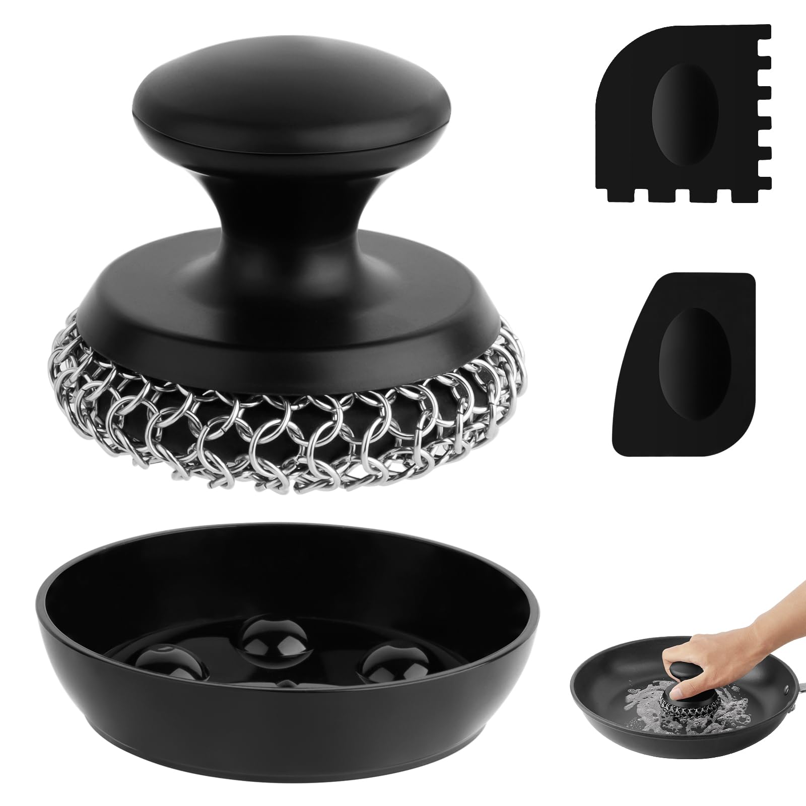 Oitugg Coarse Chainmail, 1 Pcs Chainmail Scrubber 1 Pcs, With 2 Pcs Scraper And Small Tray, Chain Mail Scrub For Cleaning Cast Iron Pan, Skillet, Pot, Griddle, Cookware Ect (Coarse Chainmail, 1 Pcs)