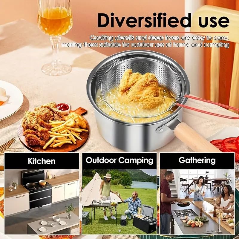 Miniatura 4 de Pequeño colador de aceite de acero inoxidable con cesta para freír, freidora de pequeña capacidad de 2.5 litros con tapa, olla de filtro de aceite,