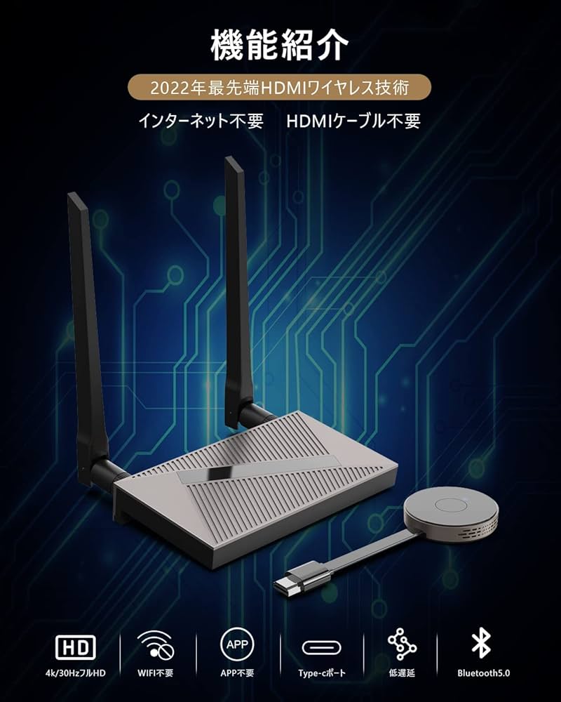 【4K解像度】 HDMI ワイヤレス 送信機+受信機 低レイテンシー 30Hz 2.4G/5GHz 高速 無線 元画質伝送 HDMI ケーブルは不要です 30M使用距離 簡単安定して接続 日本語説明書 (グレー)