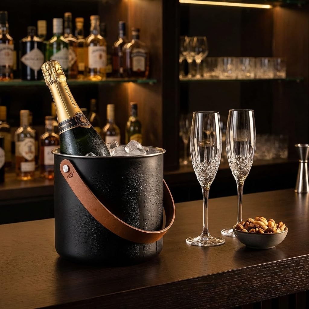 Suinga Cubitera inoxidable moon black 1,5 L con asas de cuero | Cubitera acero inox elegante 1,5 litros para enfriar bebidas