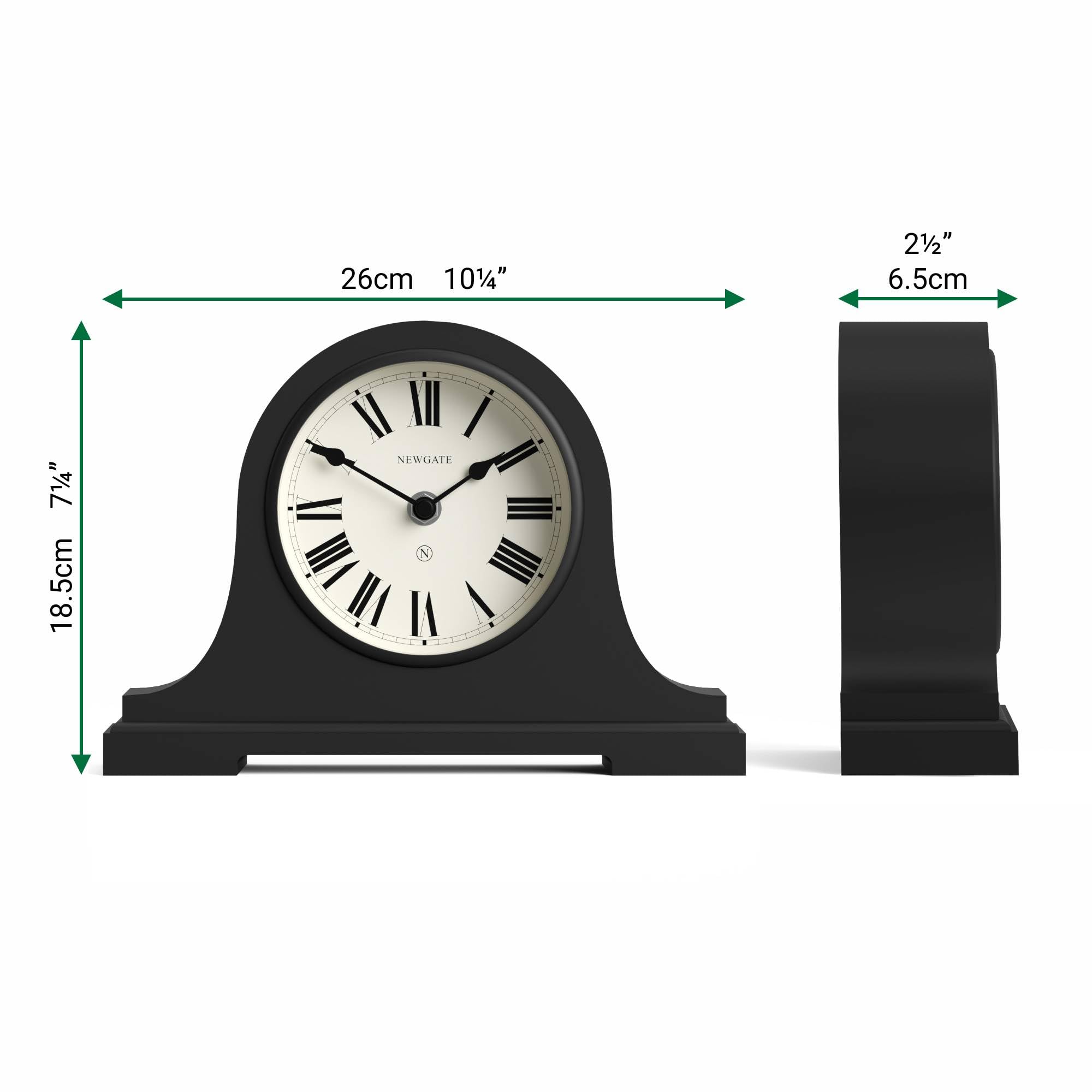 NEWGATE® Broadway Reloj de repisa | Diseño clásico del Sombrero de Napoleón | Negro | Números Romanos | Estilo Tradicional para Escritorio, Superficie de Mesa, estantería o mesilla