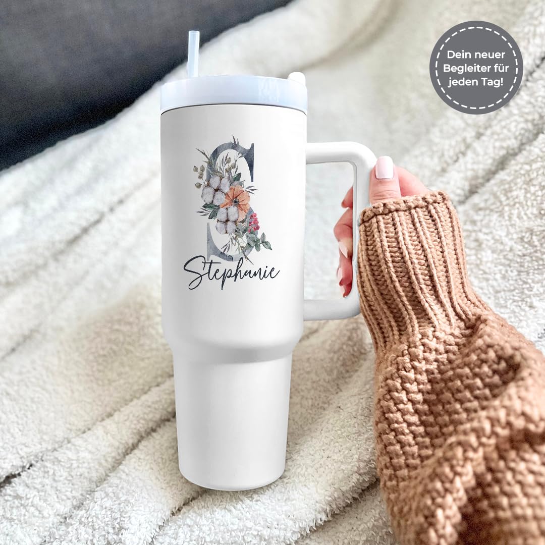 Personalisierter Thermobecher mit Blumen-Name | 1,2 Liter Fassungsvermögen | inkl. Deckel und Trinkhalm | hochwertig | To Go Becher mit Henkel im Blumendesign (40oz) | Geschenkidee | Isolierbecher
