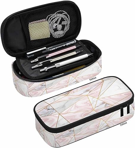 Yekiua Portalápices de mármol geométrico rosa, bloques únicos de lujo natural, agrietados, gran capacidad, estuche de maquillaje multiusos para