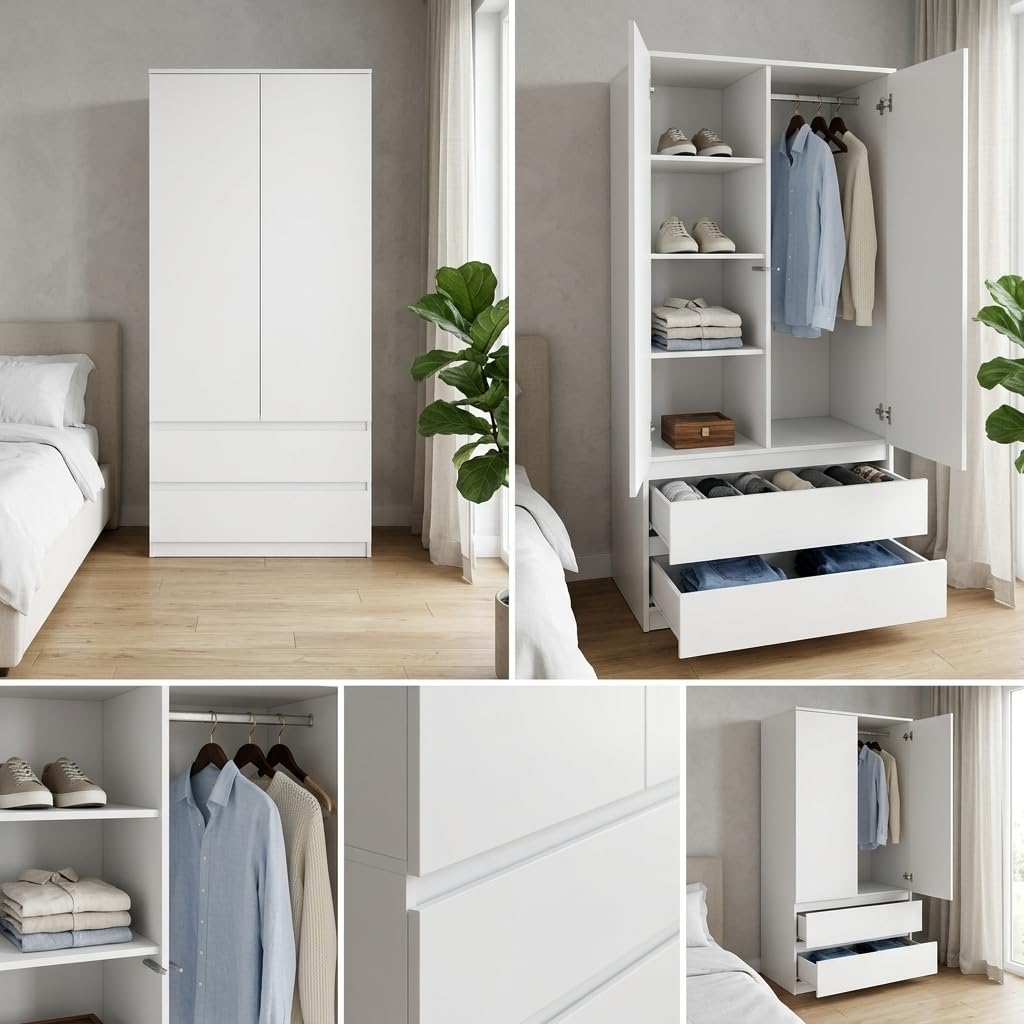 Meble Masztalerz Armadio Cameretta da Letto con 2 Cassetti 90 cm Bianco 180x90x50cm