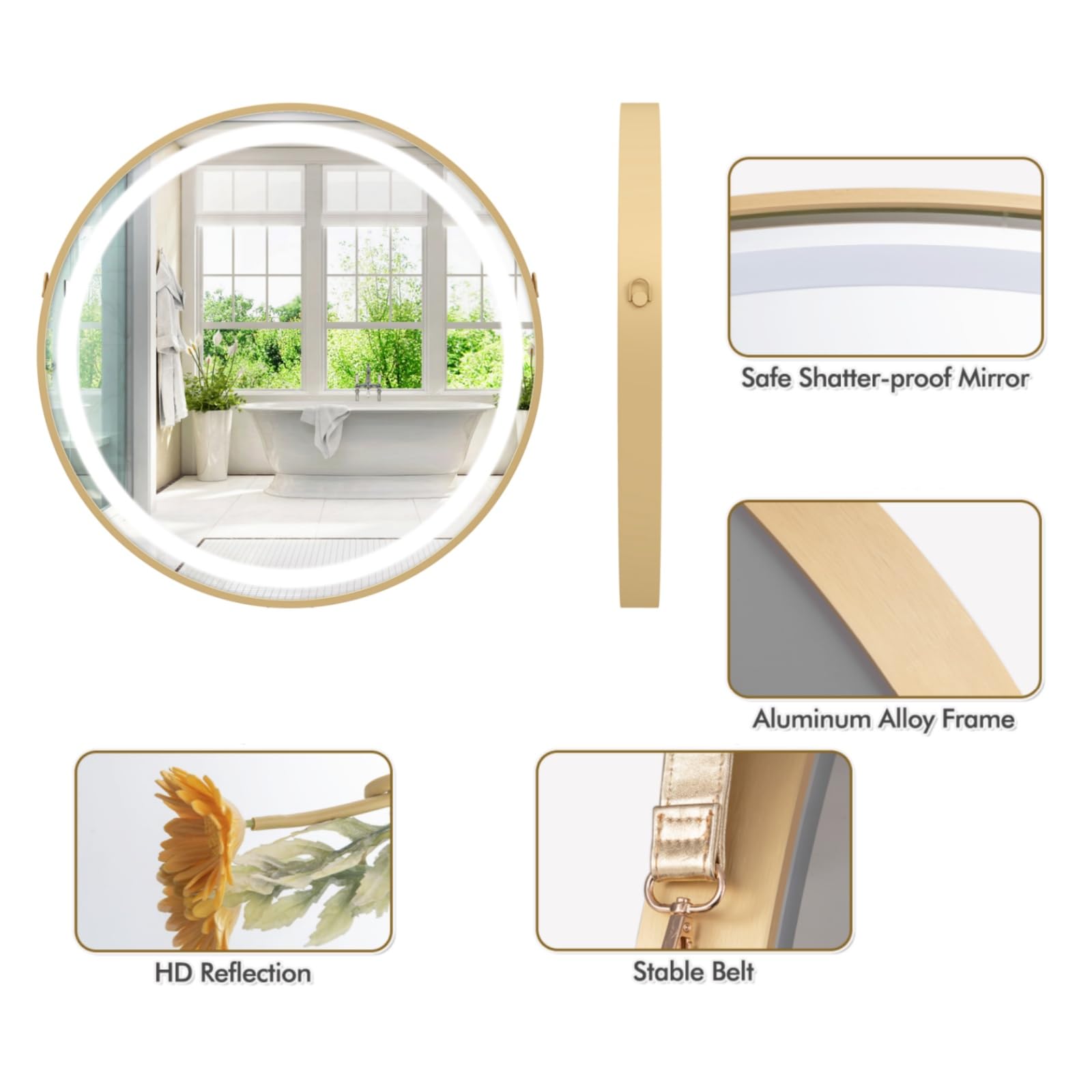 LIFEZEAL Specchio Bagno, 60x60 cm, Specchio Rotondo con Luce di 3 Colori, Specchio Tondo da Parete con Led Luminosità Regolabile 5%-100%, Interruttore Touch e Funzione Antiappannamento