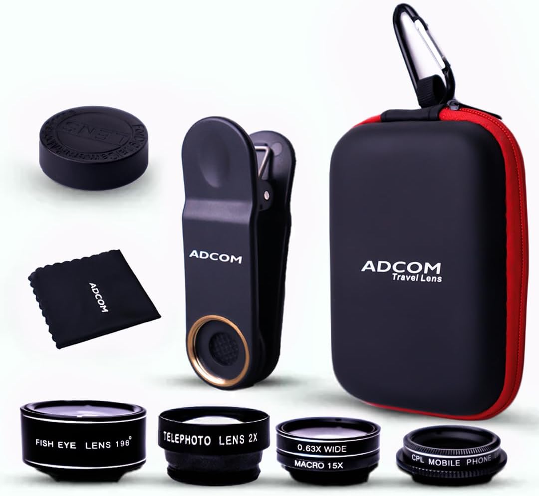 Adcom 5 in 1 Mobile Phone Camera Lens Kit - Compatible with All iOS & Android Smartphones (Black)